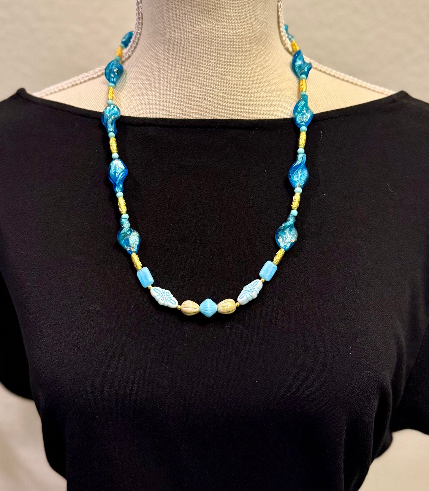 Czech Glass Necklace 22 Inch | Blue Glass Beaded Necklace | Handmade Statement Necklace | Coastal Jewelry | Gift for Her
