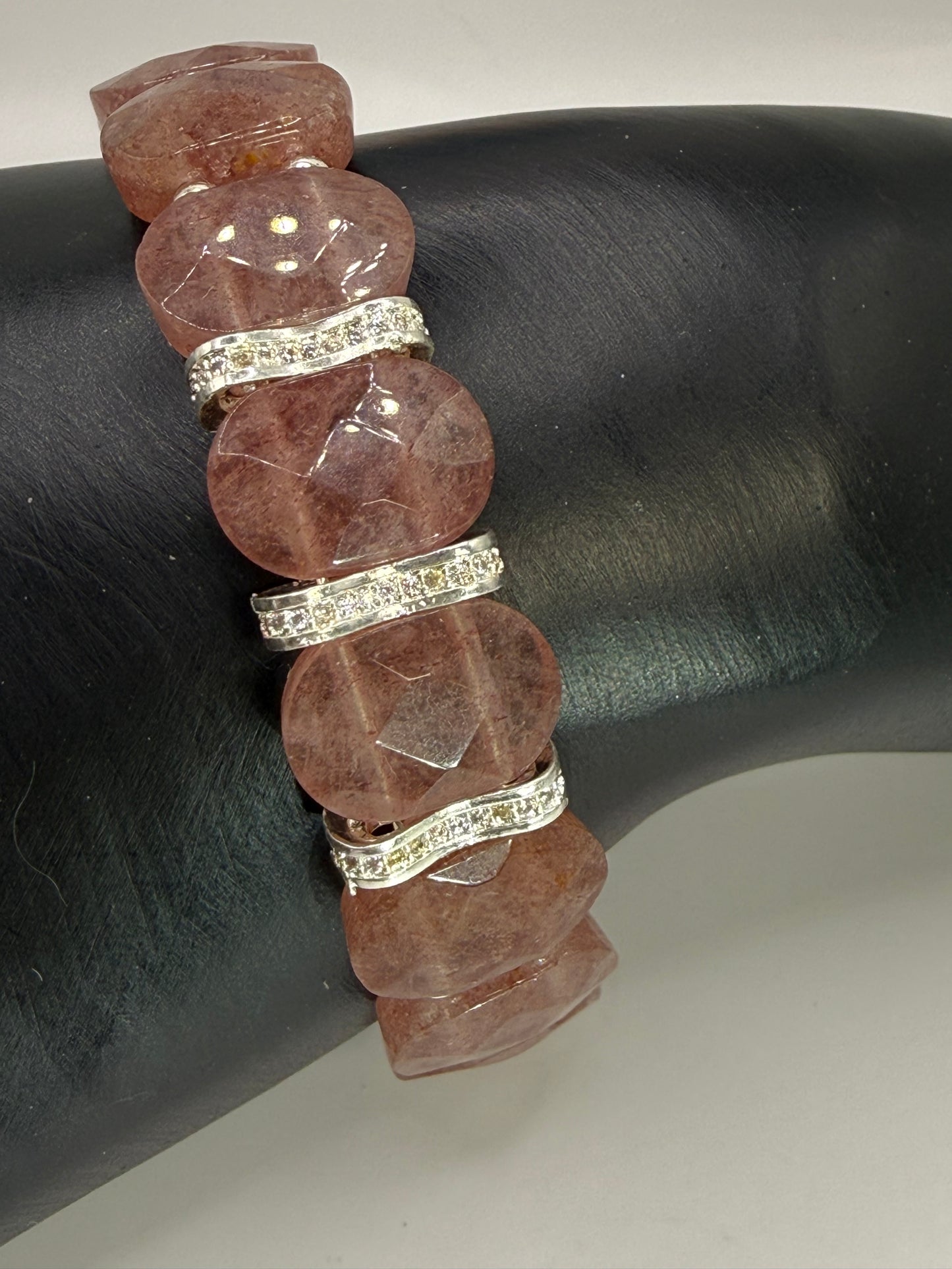 Strawberry Quartz Bracelet 7.5" • Handmade Pink Stone Bracelet • Silver Accent Beaded Bracelet