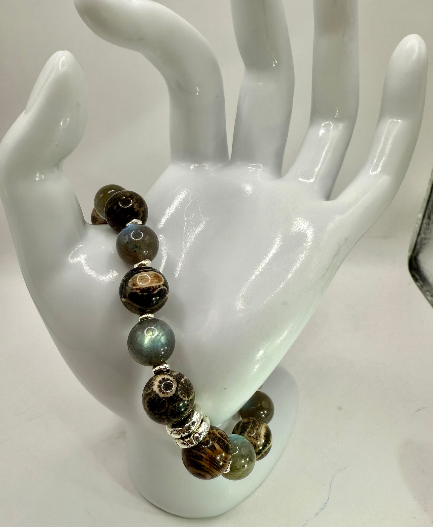 Labradorite and Coral Jade Gemstone Bracelet 7.5” | Stretch Bracelet | Boho Chic Energy Jewelry | Handmade by LuckyCharm Boutique