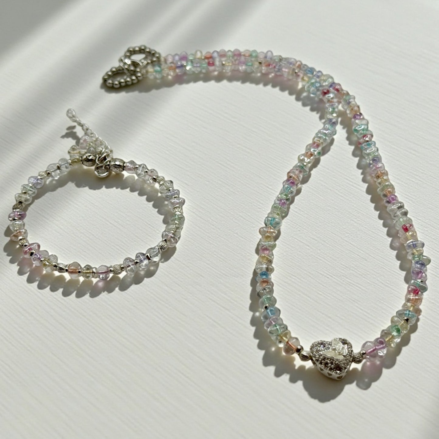 Pastel Glass Chip Necklace with Butterfly Heart Pendant – 22” Beaded Necklace + FREE Matching Bracelet