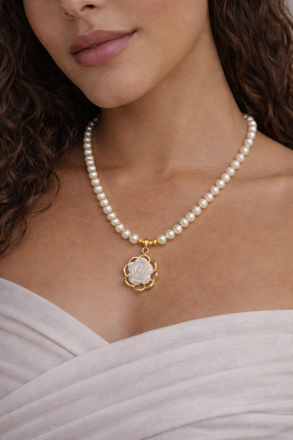 Handmade Glass Pearl Necklace with Iridescent Flower Pendant | 20 Inch Pearl Necklace | One of a Kind Jewelry | Made in Texas