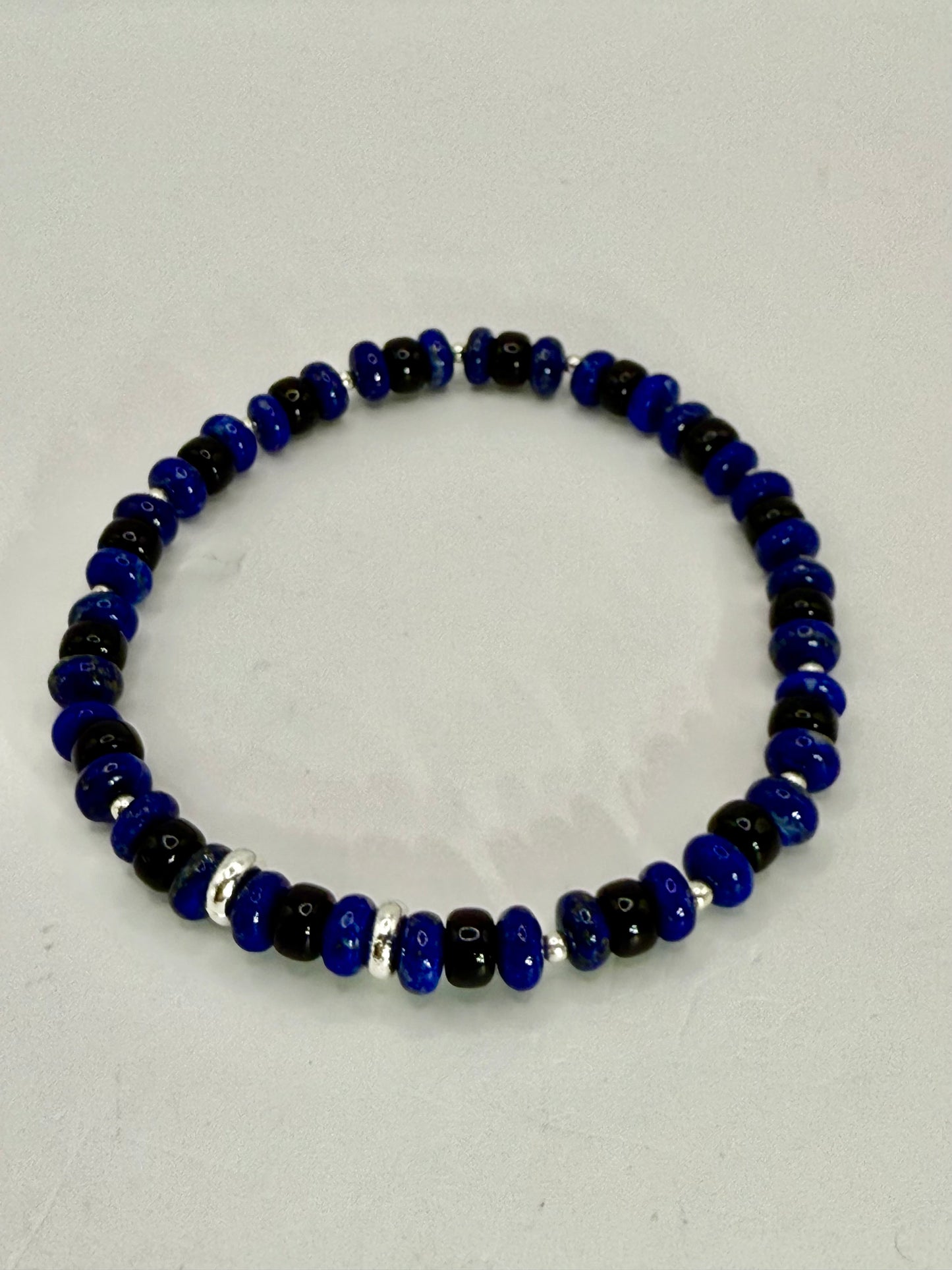 Lapis Lazuli and Onyx Stretch Bracelet – 7” Handmade Gemstone Jewelry – Healing Crystal Bracelet – Unisex Beaded Bracelet