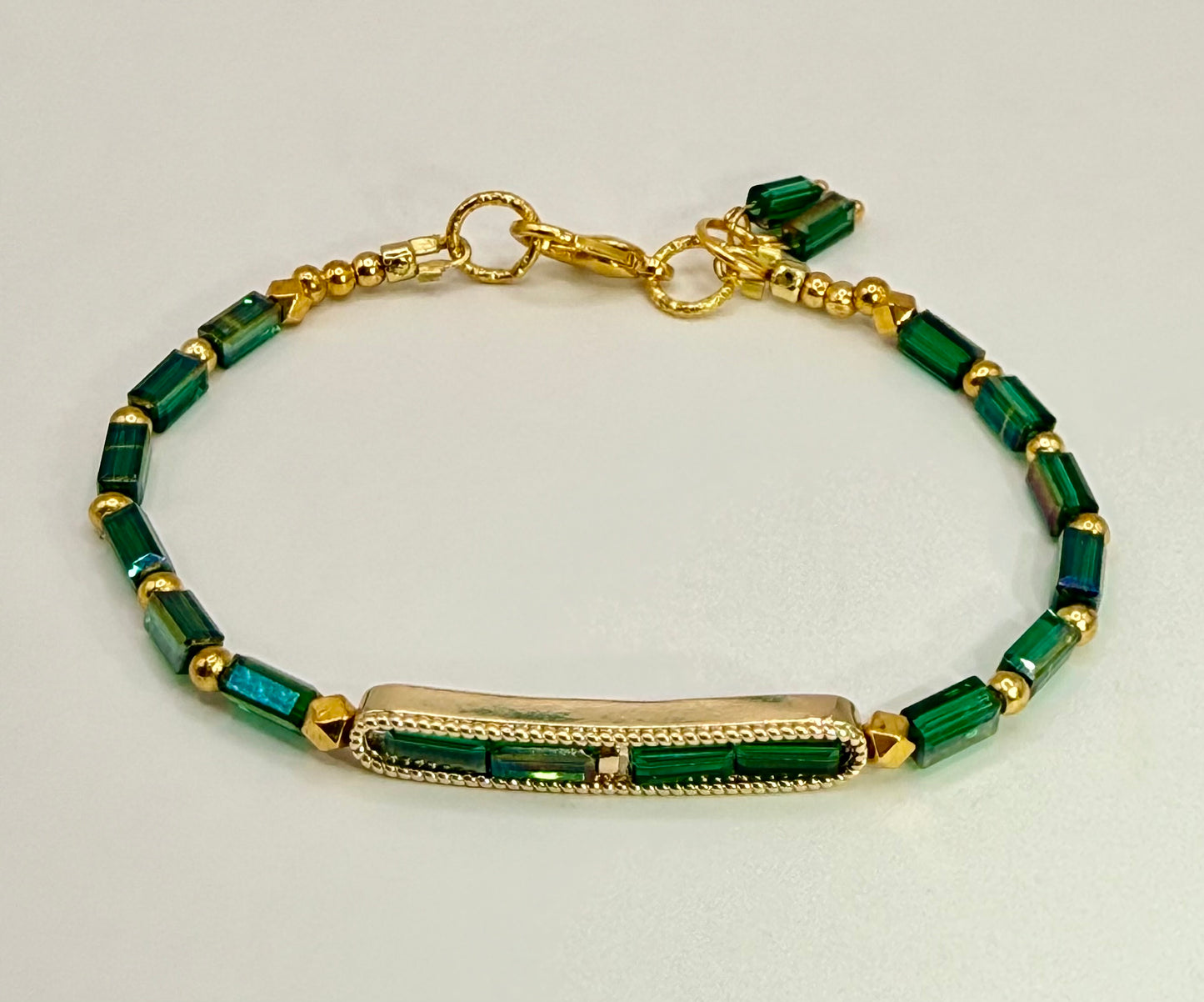 Emerald Green Glass Bracelet 7.5"• Handmade Gold Bar Bracelet • Minimalist Statement Jewelry