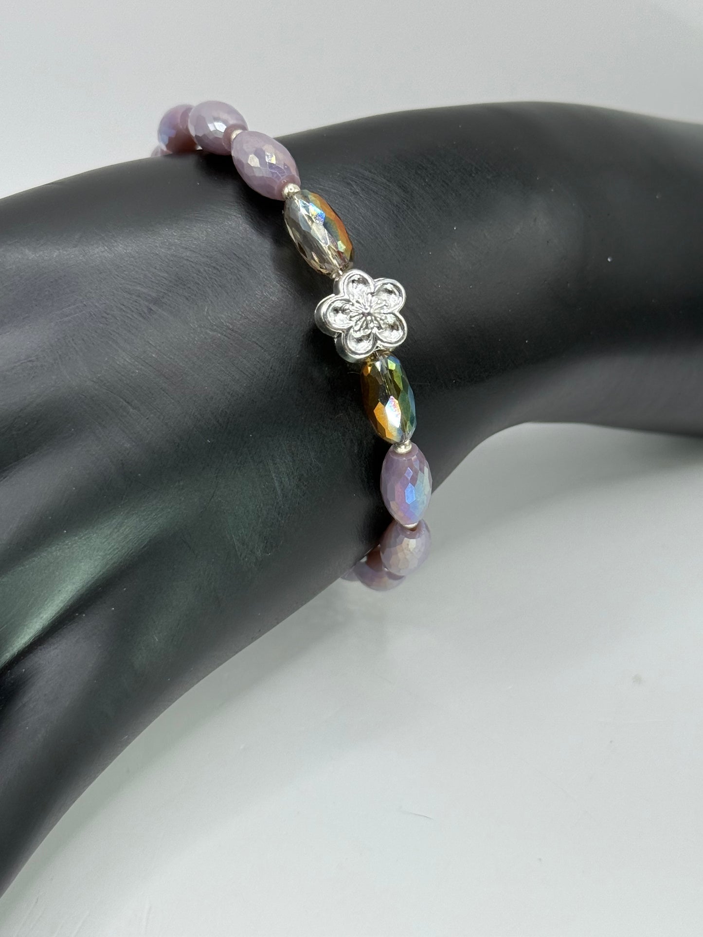 Iridescent Purple and Bronze Glass Bead Bracelet with Silver Flower Charm – 7.75” Clasp Bracelet, Handmade Gift for Her – Free Resizing