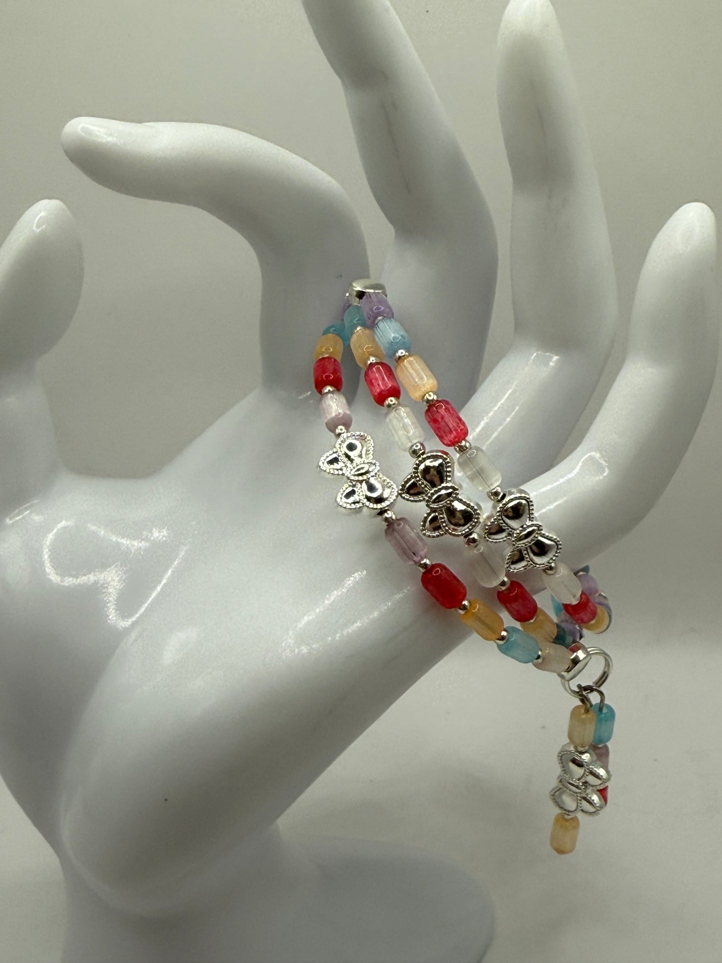 Colorful Cat Eye Beaded Wrap Bracelet with Silver Butterfly Charms | Adjustable Fit | Handmade Jewelry Gift