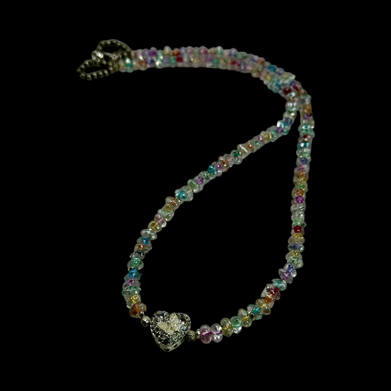 Pastel Glass Chip Necklace with Butterfly Heart Pendant – 22” Beaded Necklace + FREE Matching Bracelet
