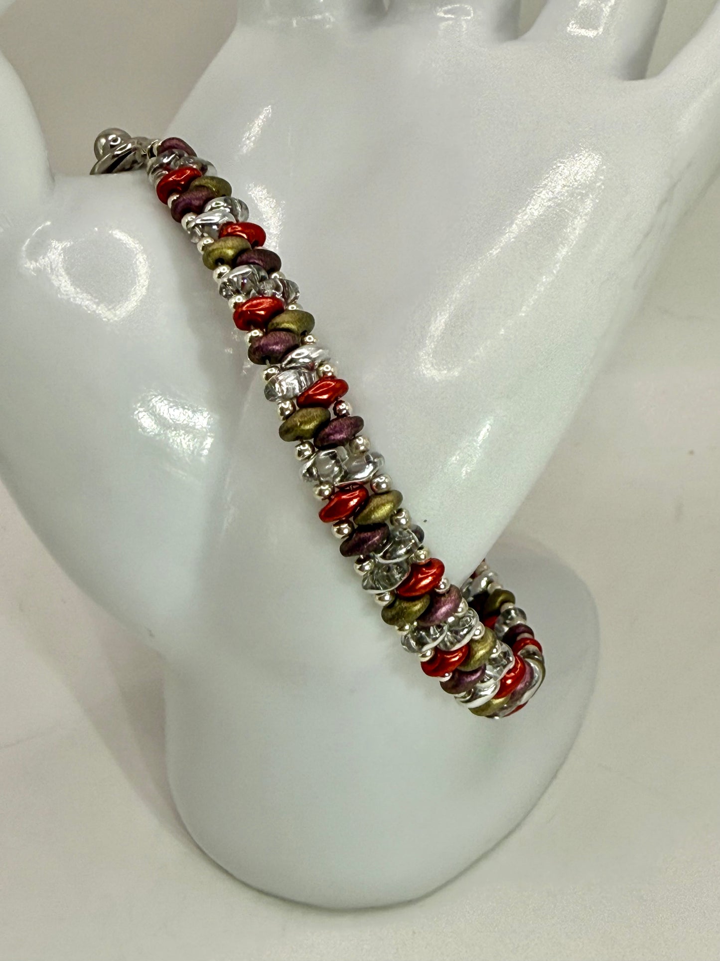 Autumn Inspired Beaded Bracelet – 8” Micro Bead Clasp – Red, Olive, Silver, Purple – Handmade Jewelry