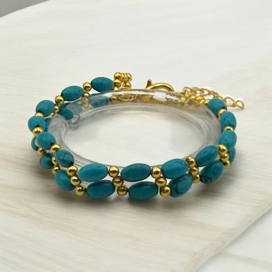 Turquoise Barrel Double Band Bracelet 7.75"