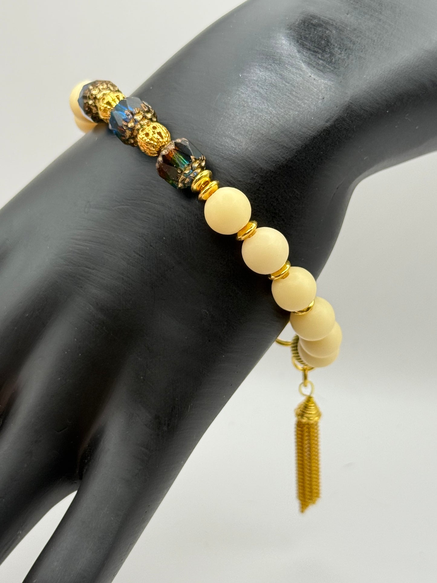 Yellow Tagua and Green Latern Focals with Golden Tassel Bracelet 7.5"
