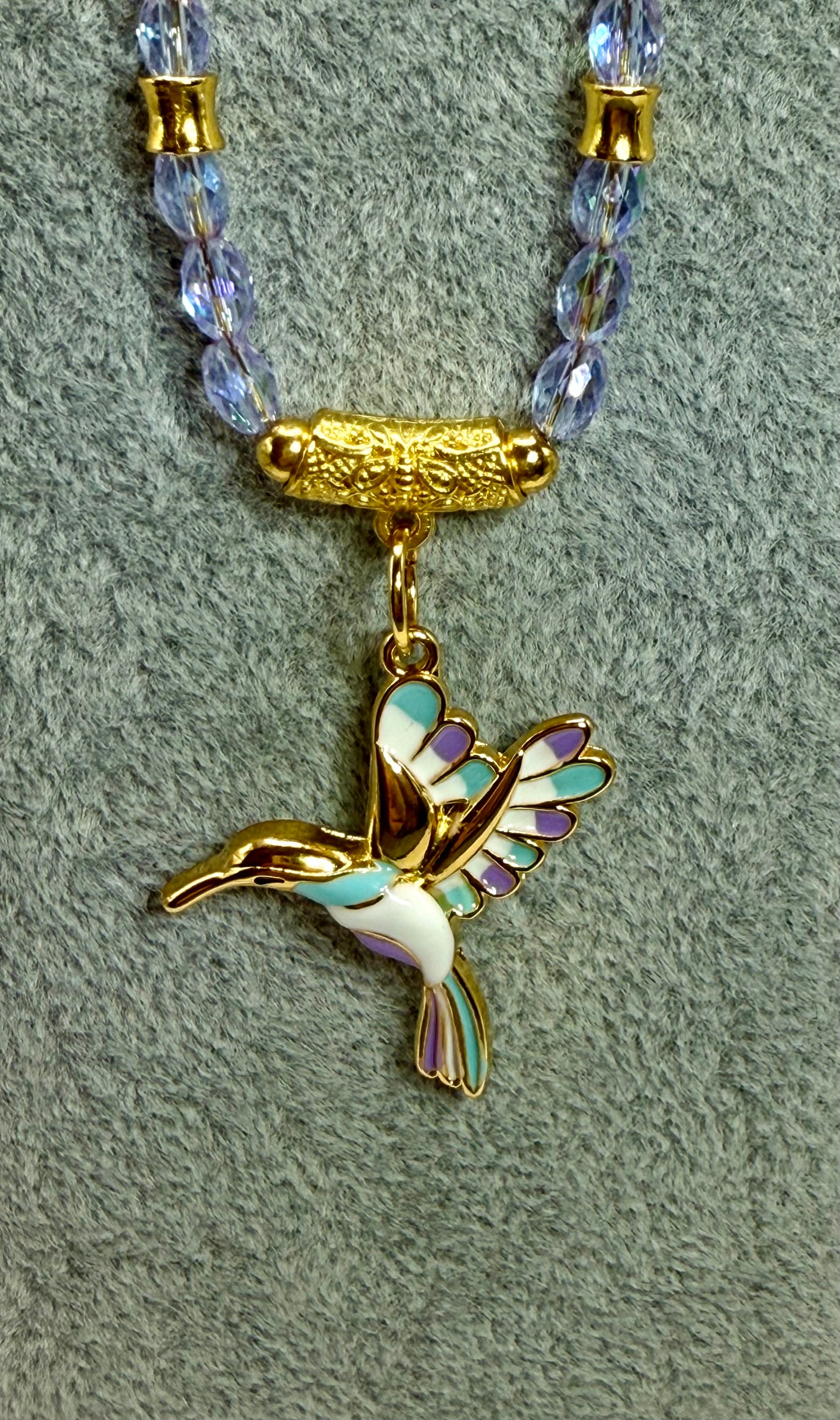 Purple Faceted Glass Necklace with Hummingbird Pendant – 18” Sparkly Beaded Necklace with Gold Accents – Free Matching Earrings Included
