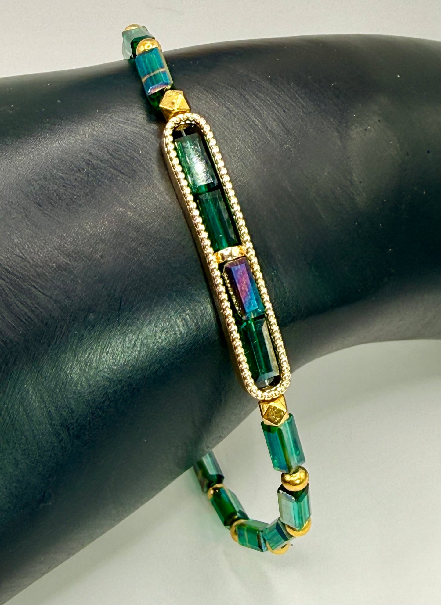 Emerald Green Glass Bracelet 7.5"• Handmade Gold Bar Bracelet • Minimalist Statement Jewelry