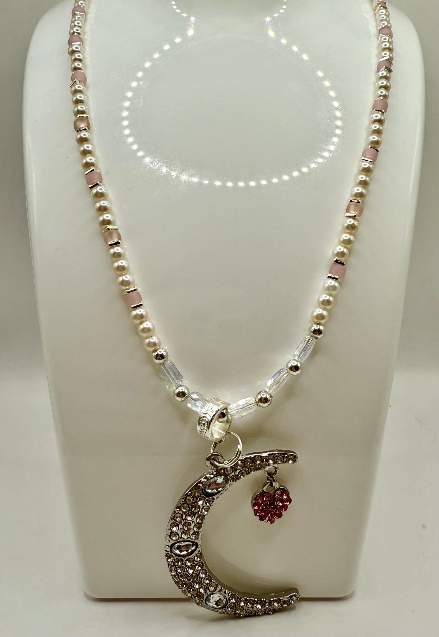 26” Celestial Moon and Heart Pendant Necklace | Beaded Pearl & Crystal | Handmade Moon Jewelry | Starry Sky Aesthetic
