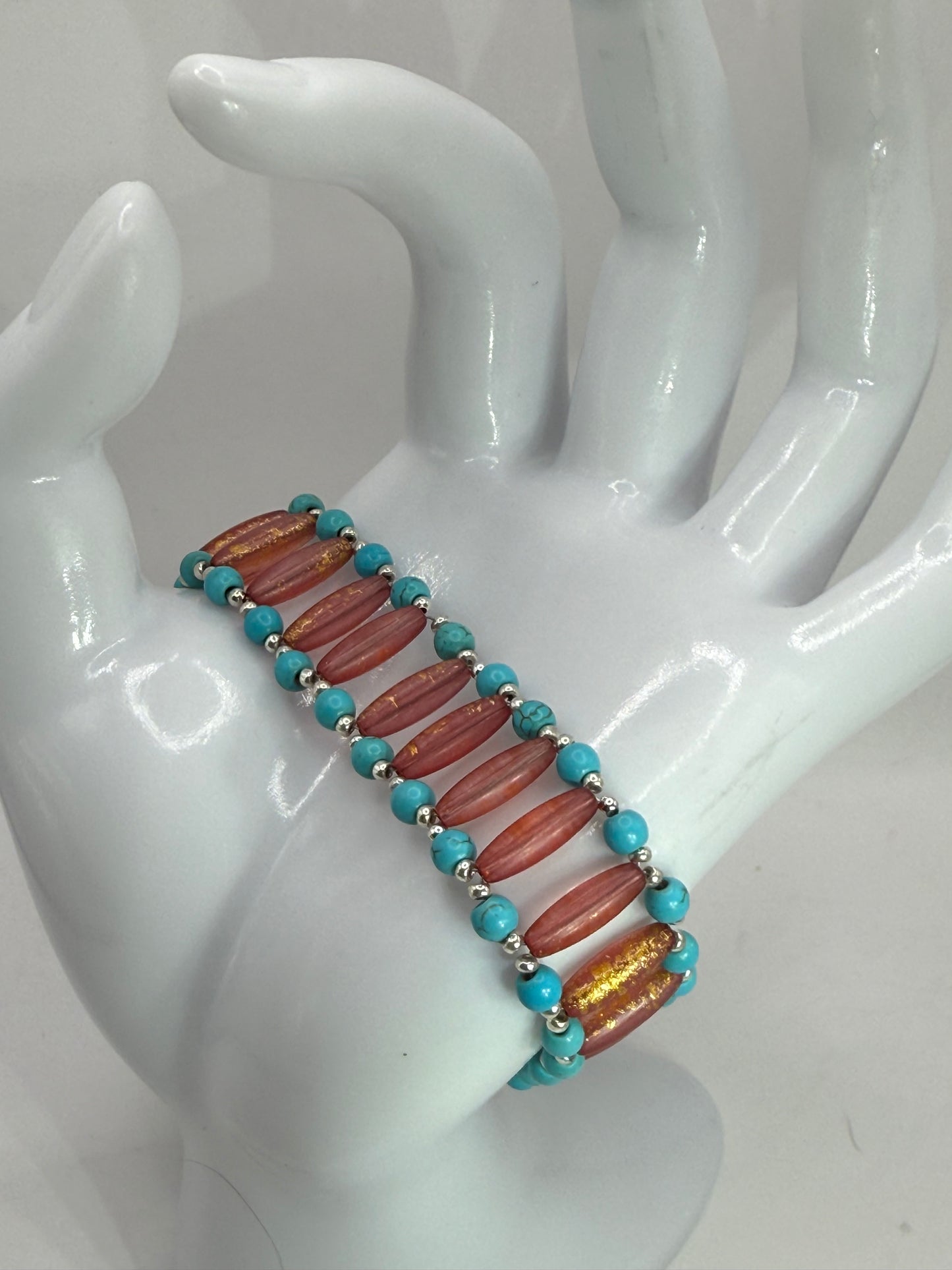 Handmade Turquoise Howlite & Golden Orange Rice Bead Bracelet – 7.5” Adjustable Clasp | Southwest Boho Jewelry