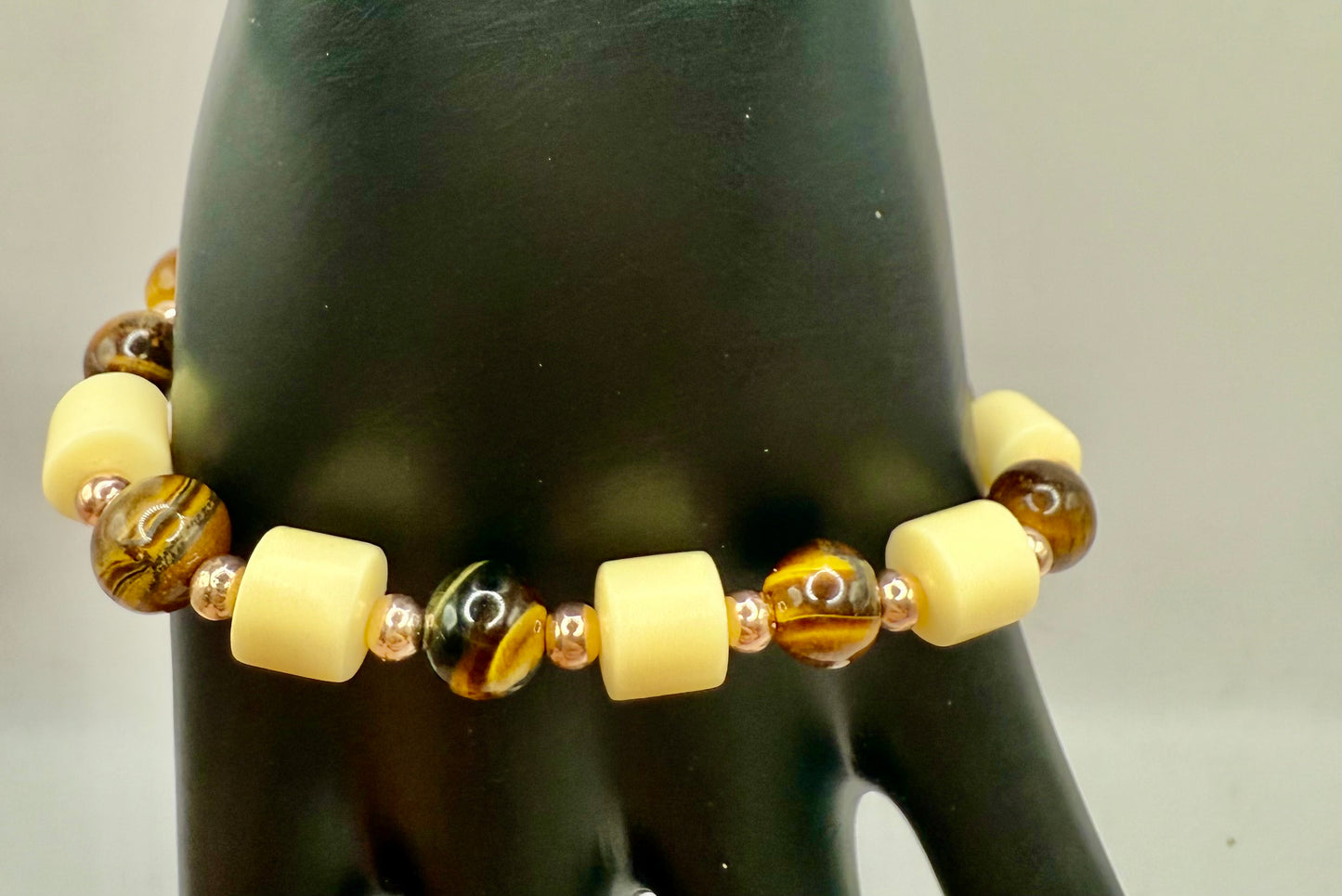 7.75” Tiger Eye & Bodhi Bead Stretch Bracelet with Soft Gold Accents | Handmade Spiritual Jewelry | Free Resizing