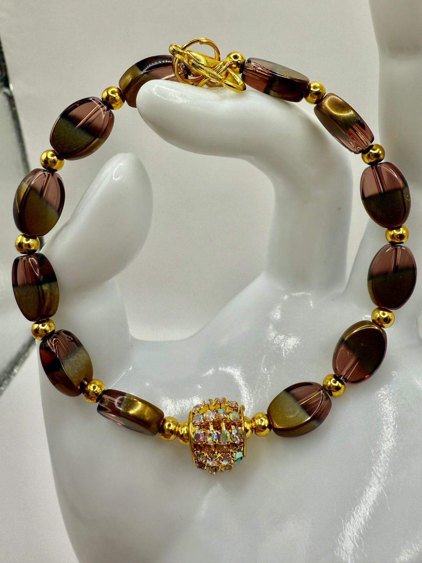 7.5” Gold and Purple Glass Bead Bracelet with Crystal Focal – Handmade Elegant Jewelry Gift