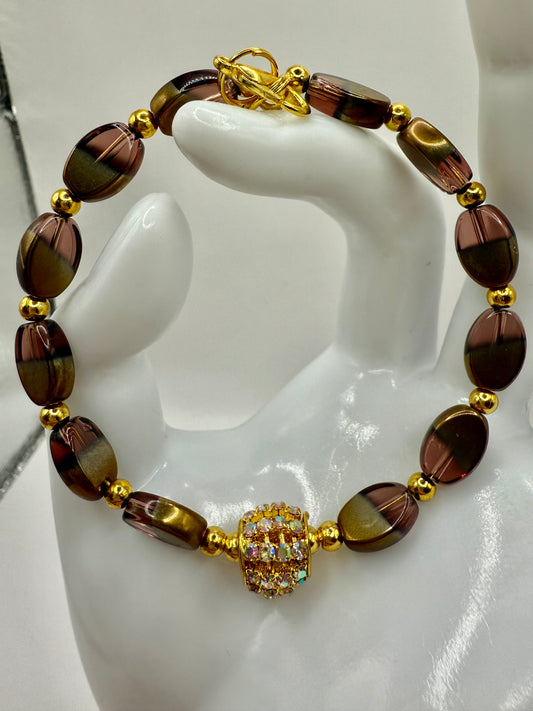 7.5” Gold and Purple Glass Bead Bracelet with Crystal Focal – Handmade Elegant Jewelry Gift