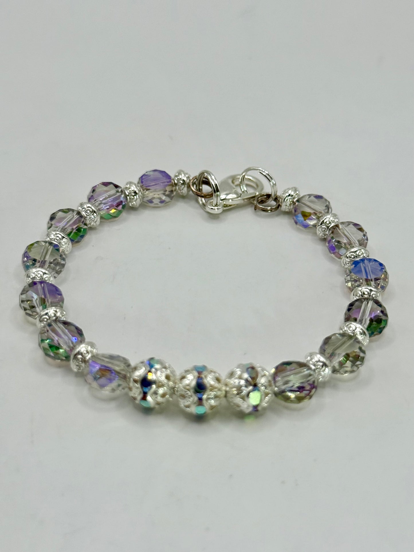 Iridescent Crystal Glass Bead Bracelet with Silver Accents | 7.5” Clasp | Handmade Jewelry Gift