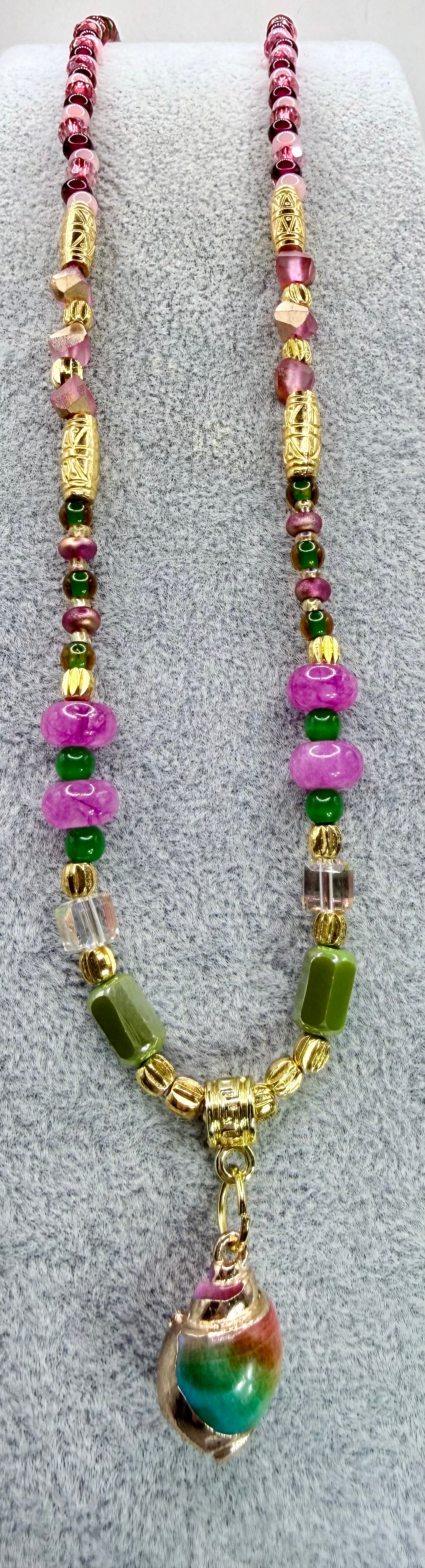Glass Beaded Necklace 20 Inch | Colorful Handmade Necklace | Artisan Bead Necklace | Gold Accent Jewelry | Pink