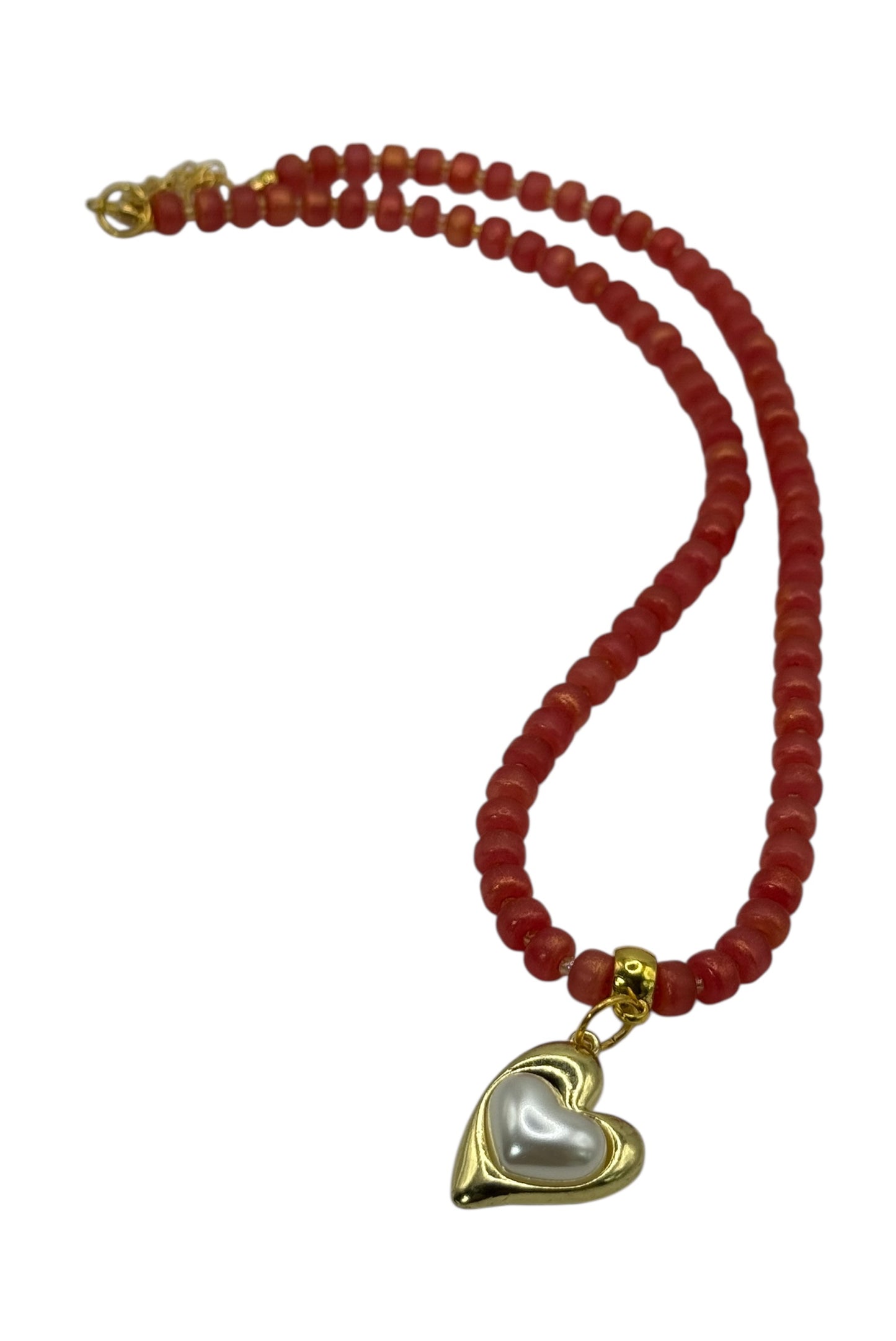 Pumpkin Glass Bead Necklace with Golden Heart Pendant – 20” Handmade Jewelry, Autumn Necklace, Romantic Gift, Fall Statement Jewelry