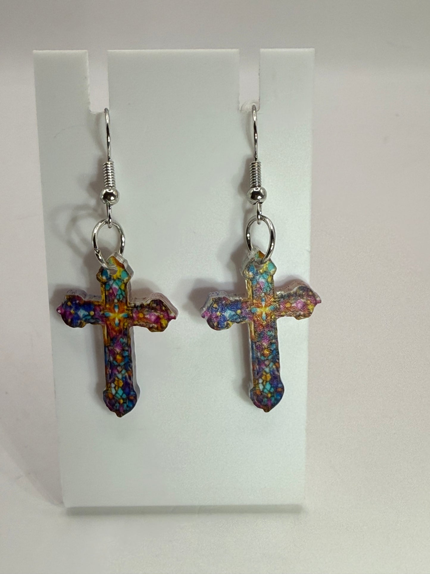 Colorful Mosaic Cross Earrings – Handmade Resin Dangle Jewelry – Unique Boho Gift