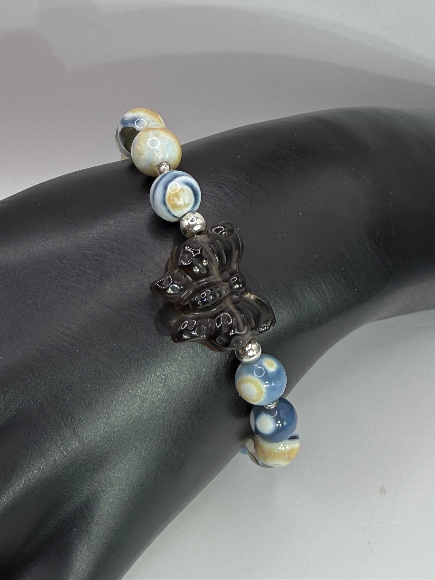 Orca Agate Bracelet with Smoky Quartz Butterfly Focal – 7” Clasp – Natural Gemstone Jewelry