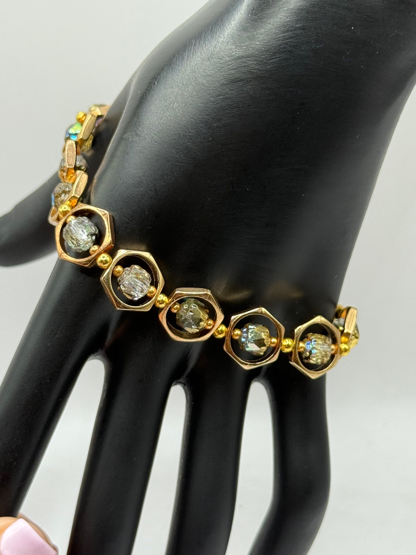 Golden Tone Lantern Bead Bracelet | 7.75” Stretch Bracelet with Iridescent Rainbow Beads | Elegant Boho Jewelry by LuckyCharm Boutique TX