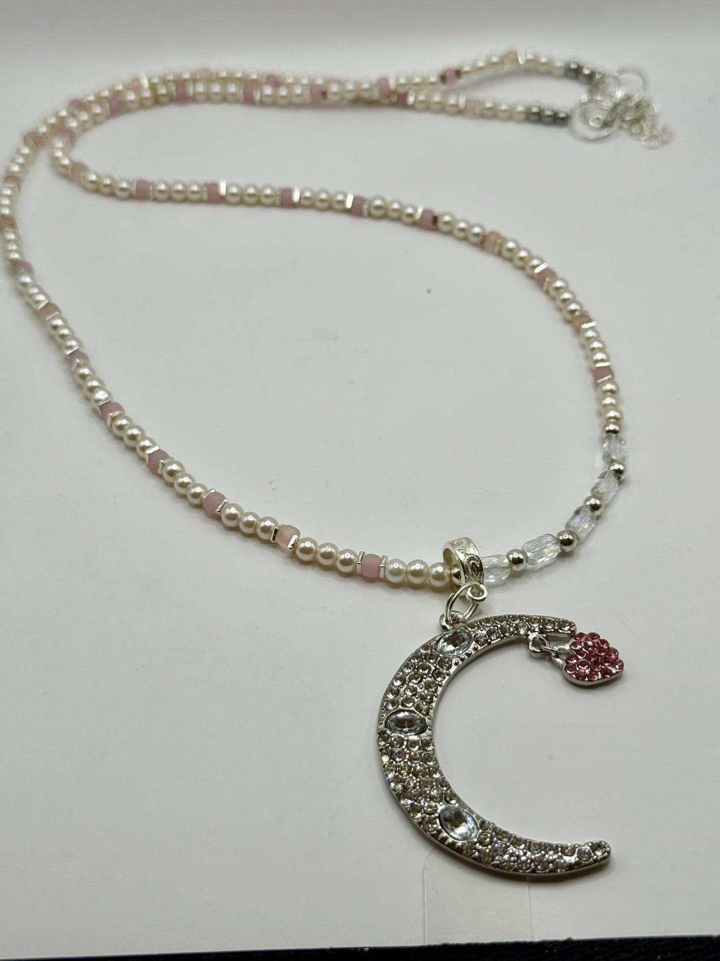 26” Celestial Moon and Heart Pendant Necklace | Beaded Pearl & Crystal | Handmade Moon Jewelry | Starry Sky Aesthetic