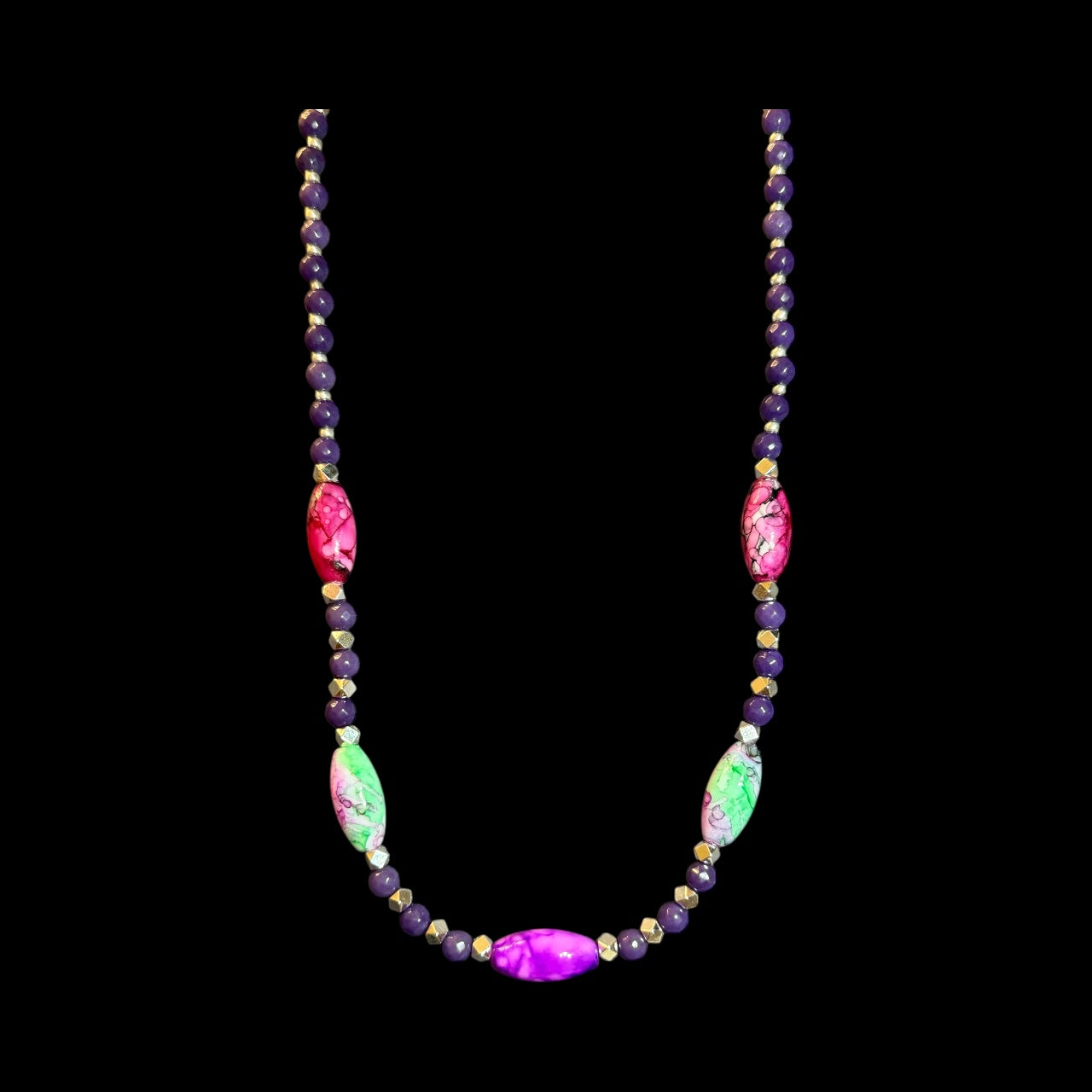24” Multicolor Gemstone-Style Bead Necklace • Purple, Pink & Green Statement Necklace • Handmade Jewelry • Long Beaded Necklace Gift