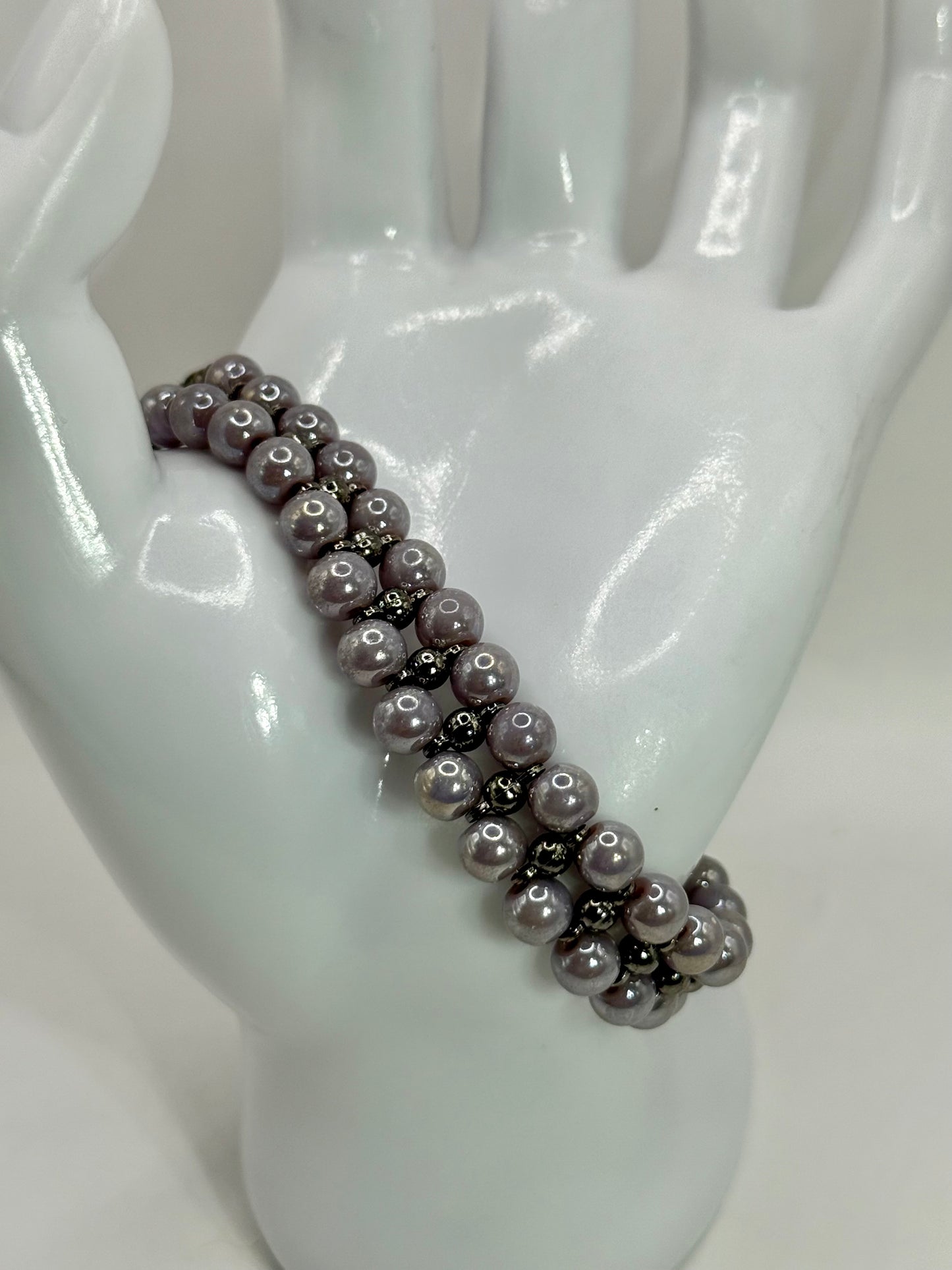 Purple Glass Bead Bracelet | Double Band 7.5” Clasp | Handmade Beaded Jewelry