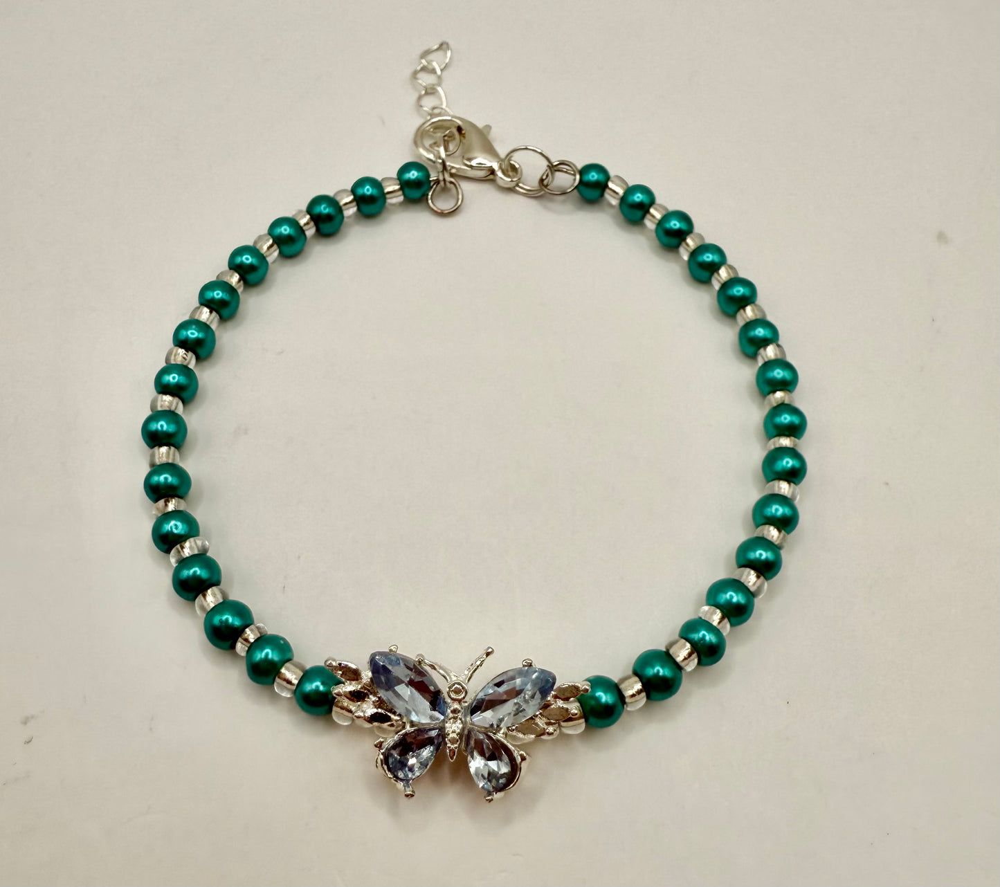 7.5” Teal Glass Pearl Bracelet with Crystal Butterfly – Handmade Gift for Her, Free Resizing Available