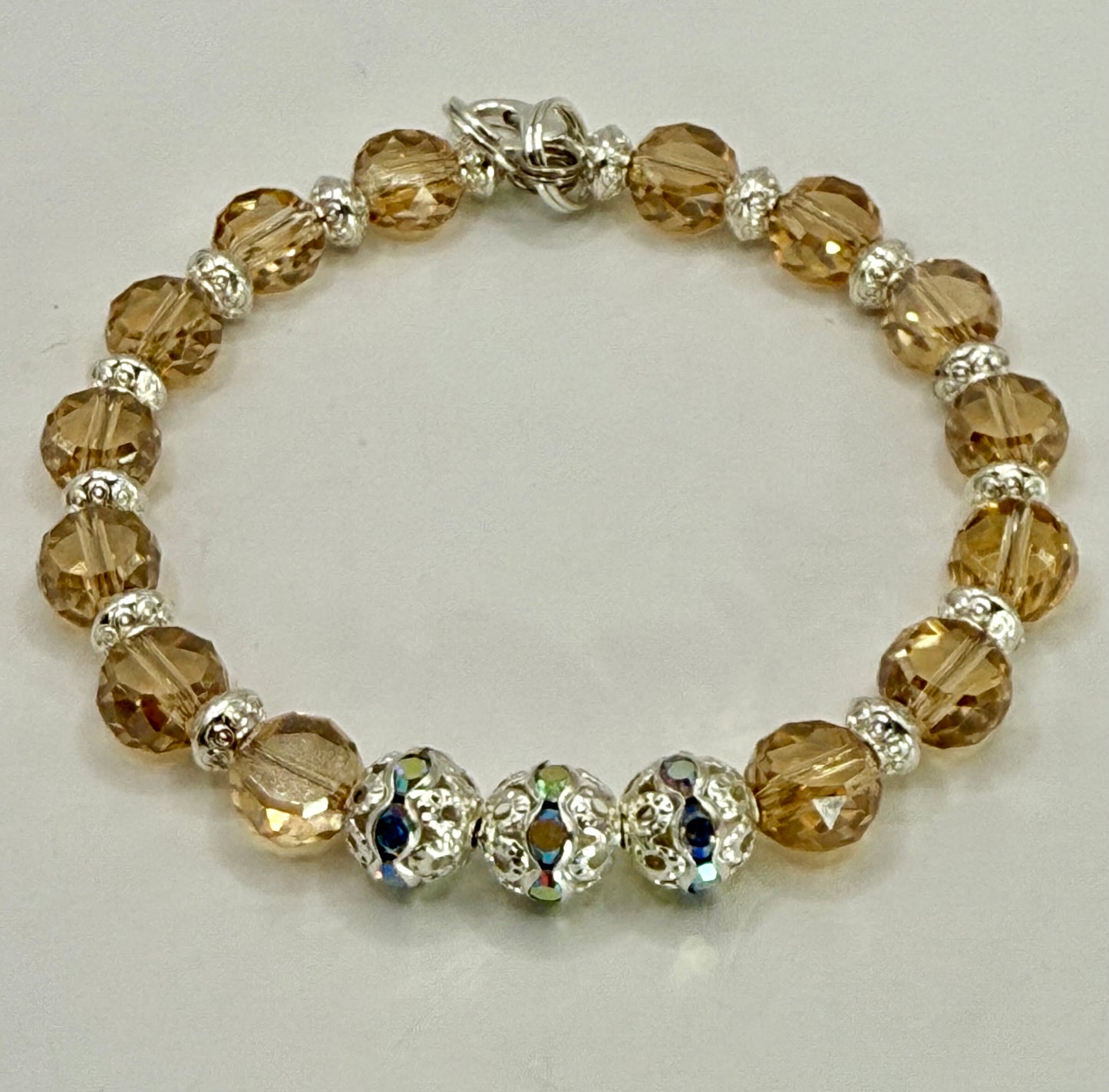 Champagne Glass Bead Bracelet with Silver Accents | 7.5” Clasp | Elegant Handmade Jewelry Gift