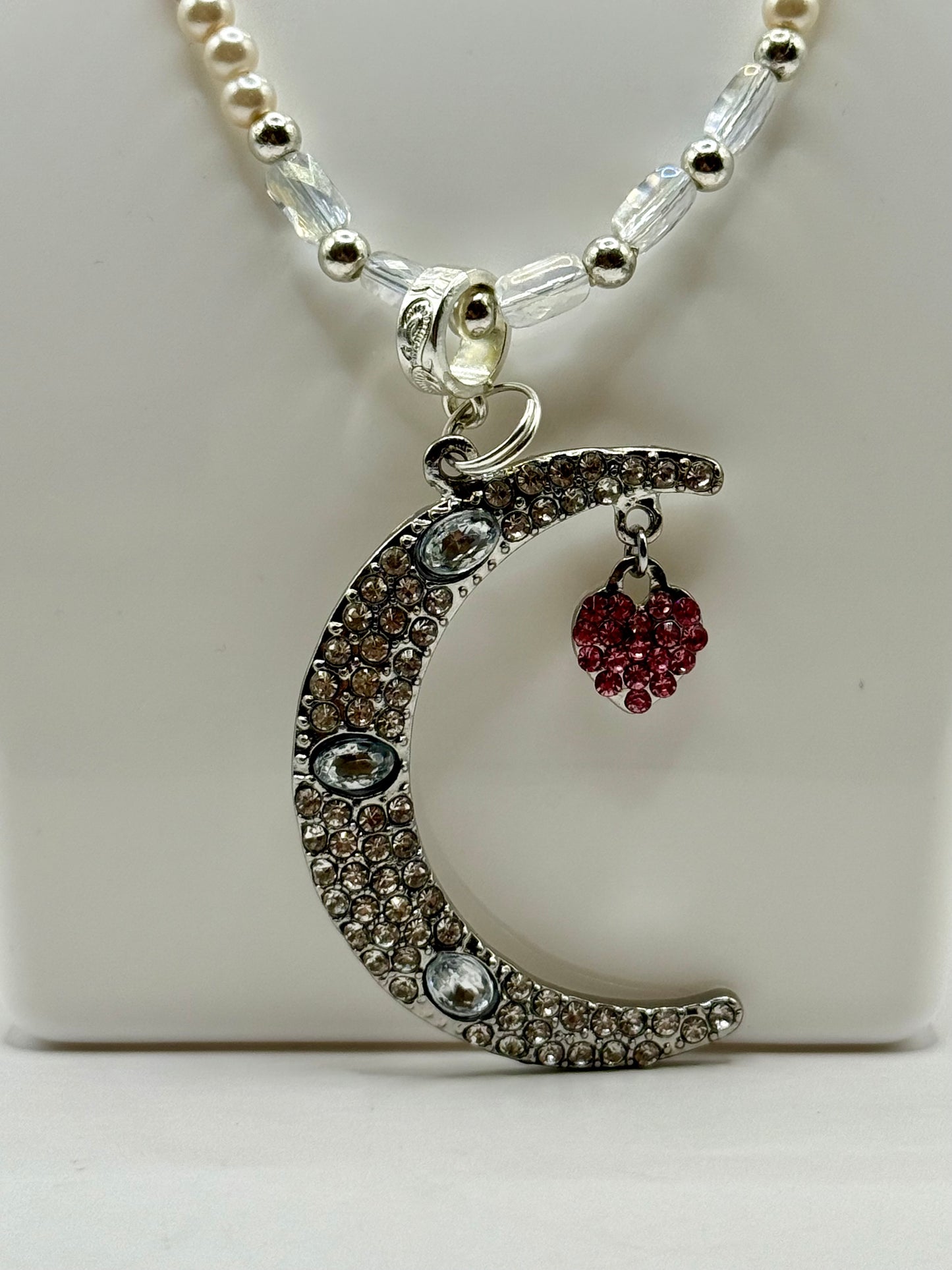 26” Celestial Moon and Heart Pendant Necklace | Beaded Pearl & Crystal | Handmade Moon Jewelry | Starry Sky Aesthetic
