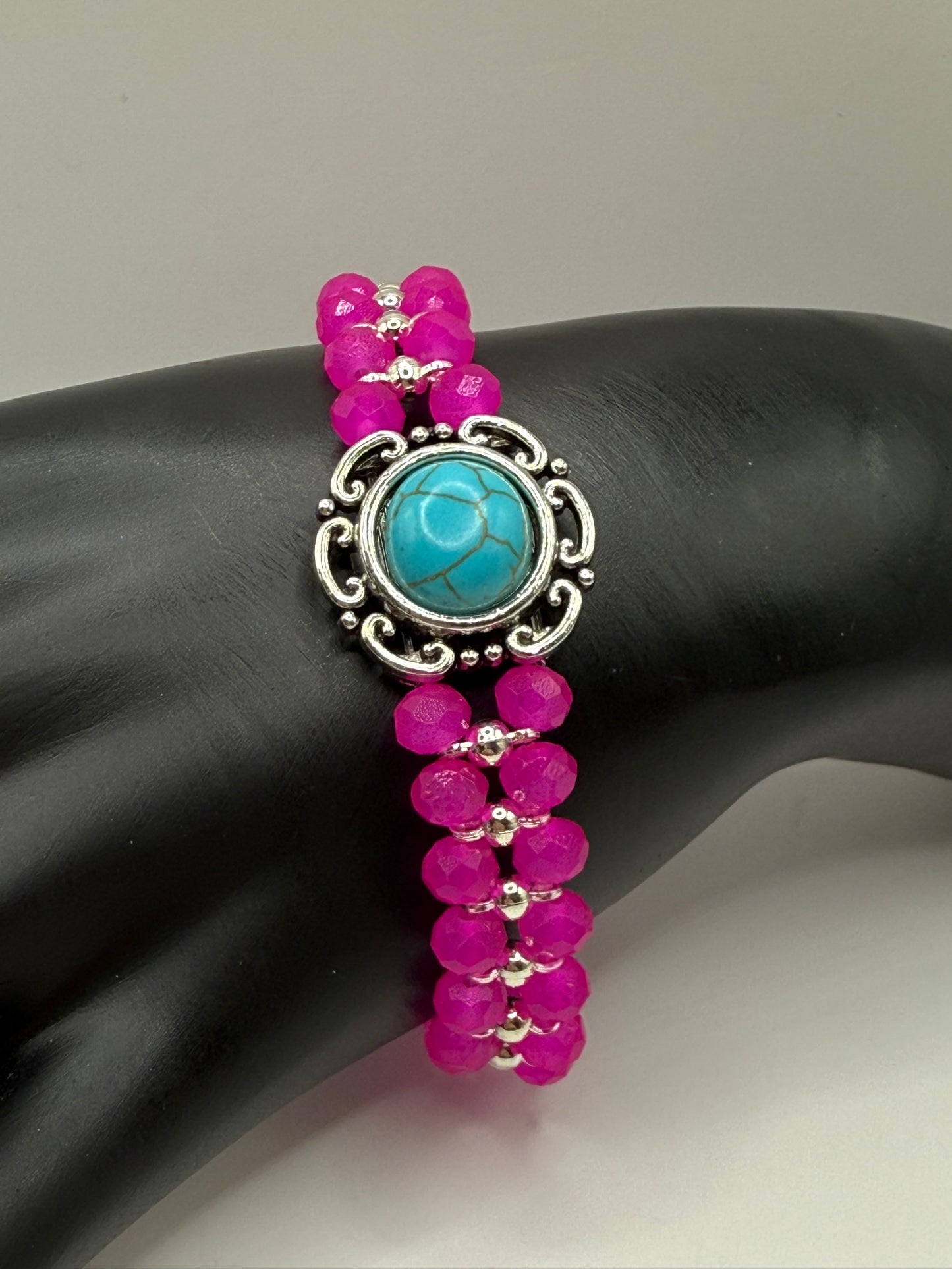 7” Hot Pink Stretch Bracelet with Howlite Centerpiece – Handmade Bold Beaded Jewelry