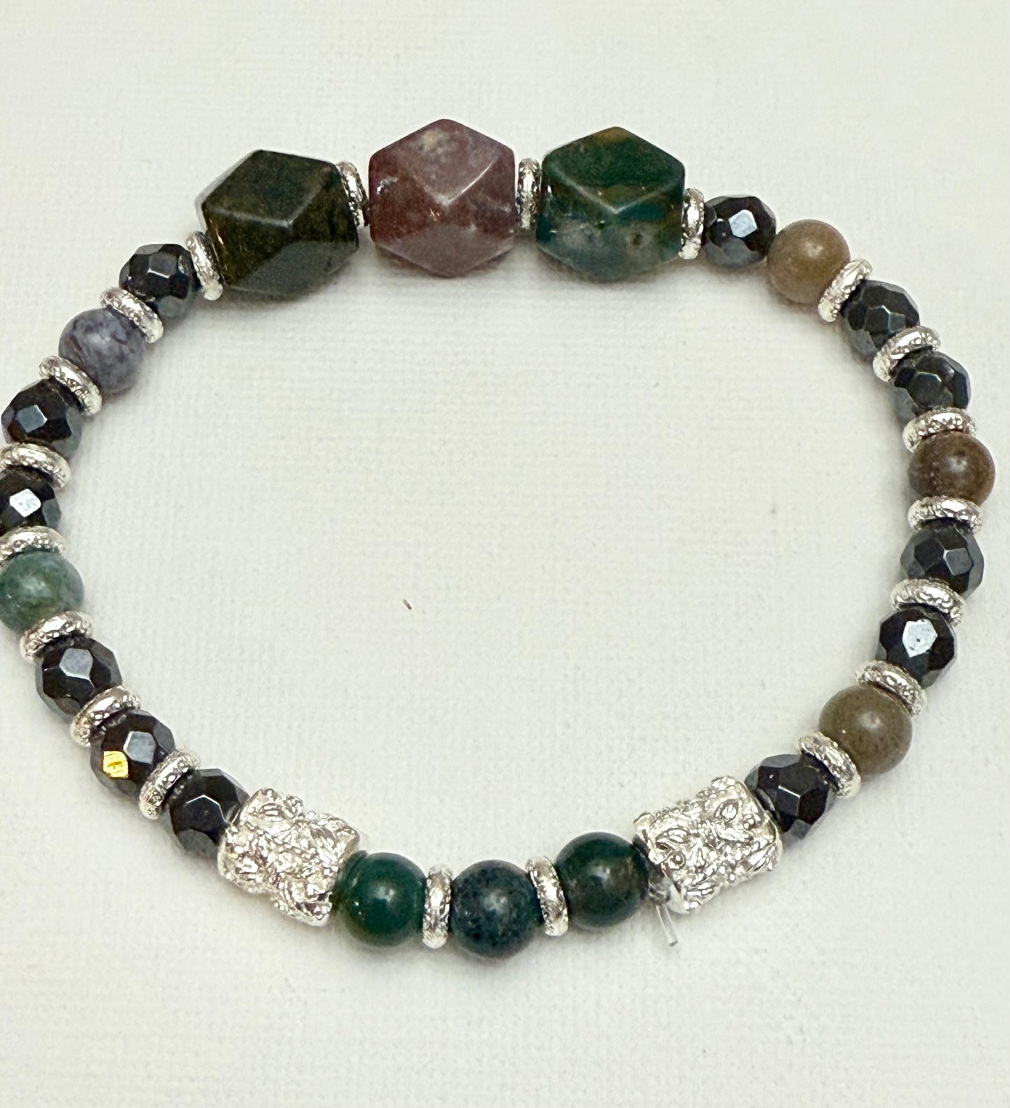 Ocean Jasper and Black Obsidian Bracelet 7.5"
