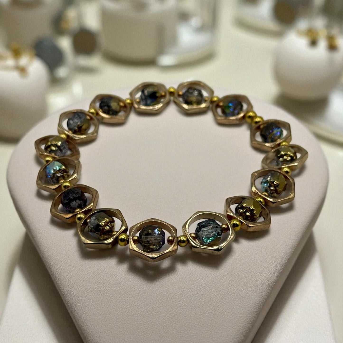 Golden Tone Lantern Bead Bracelet | 7.75” Stretch Bracelet with Iridescent Rainbow Beads | Elegant Boho Jewelry by LuckyCharm Boutique TX