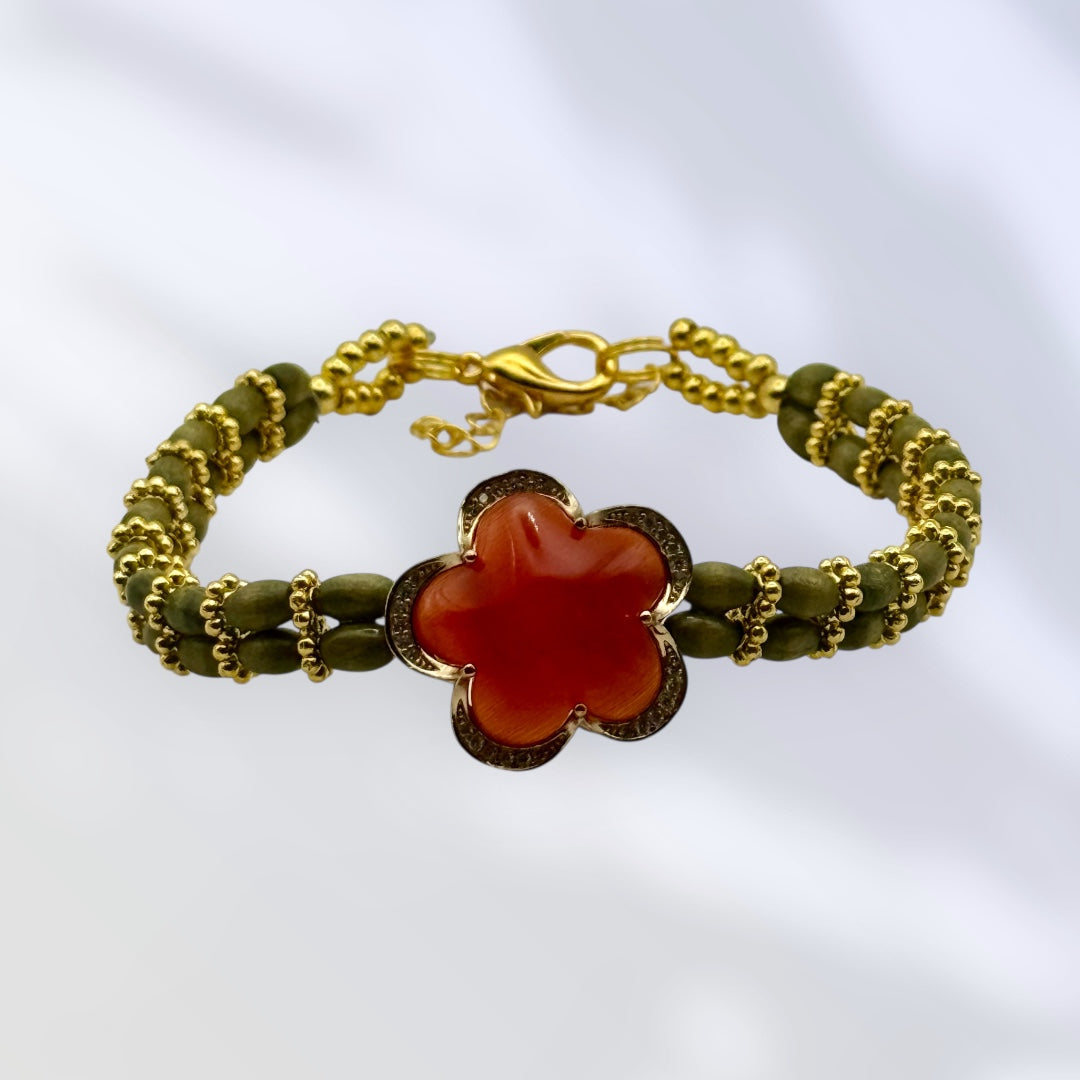 Carnelian Rhinestone Focal with Green African Wood and Gold Accents Bracelet 8"