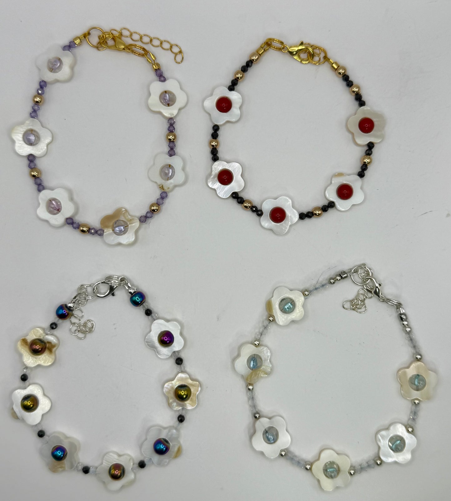 Mother of Pearl Flower Gemstone Bracelets 7.5” | Onyx, Tanzanite, Opalite & Rainbow Metallic | Handmade Gift |
