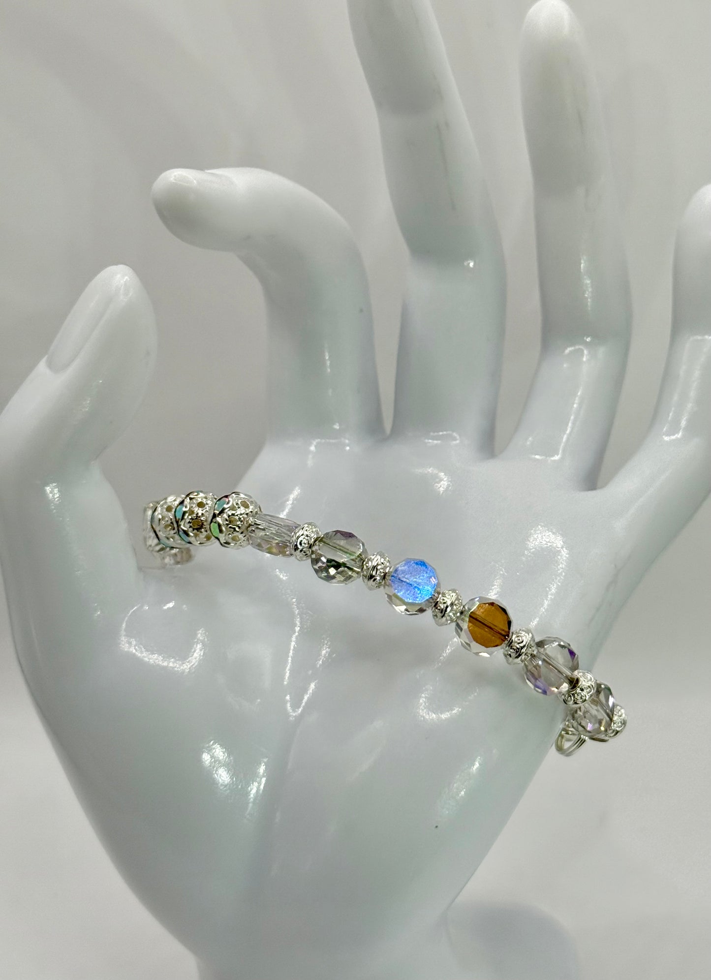 Iridescent Crystal Glass Bead Bracelet with Silver Accents | 7.5” Clasp | Handmade Jewelry Gift