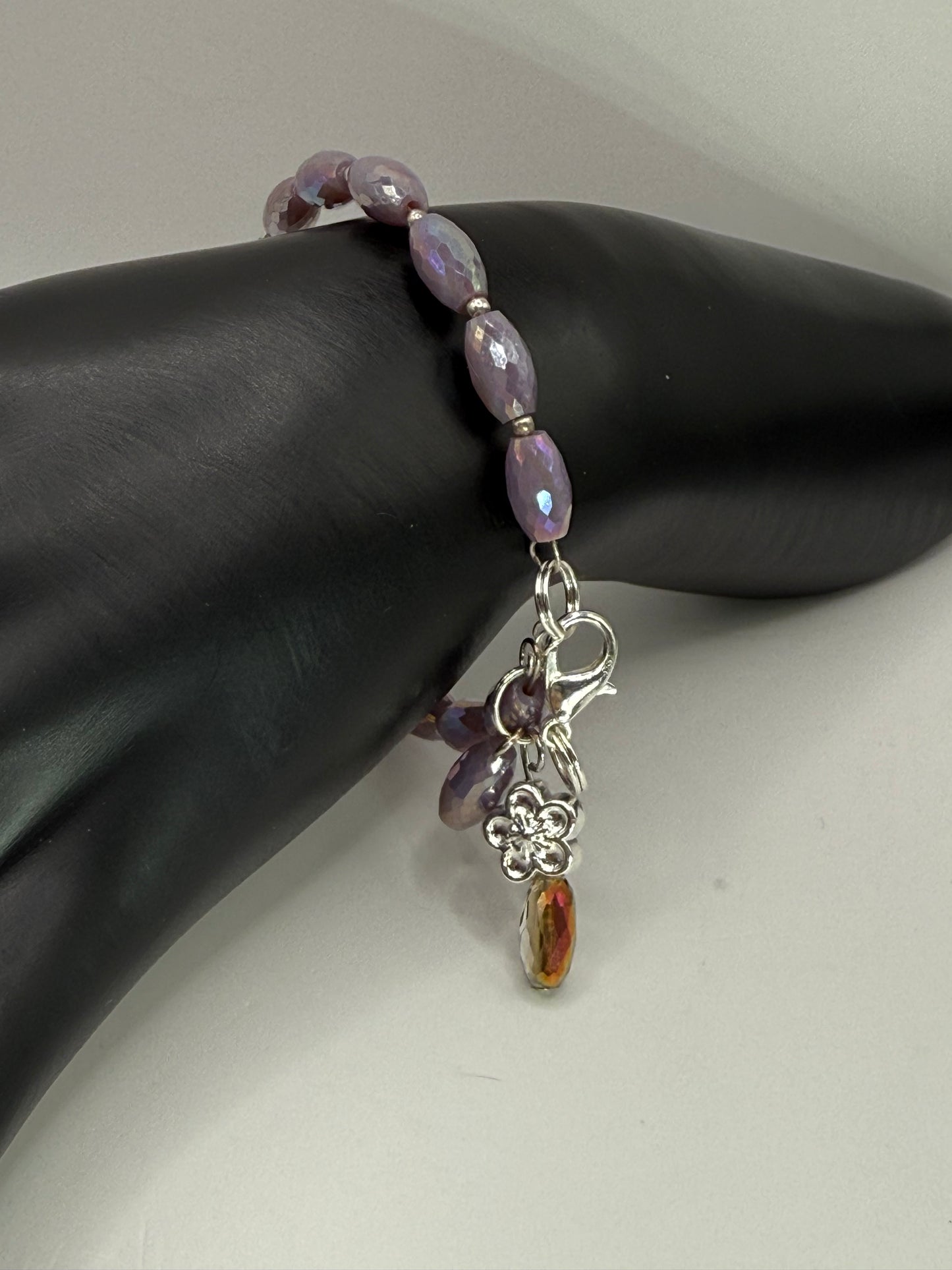 Iridescent Purple and Bronze Glass Bead Bracelet with Silver Flower Charm – 7.75” Clasp Bracelet, Handmade Gift for Her – Free Resizing