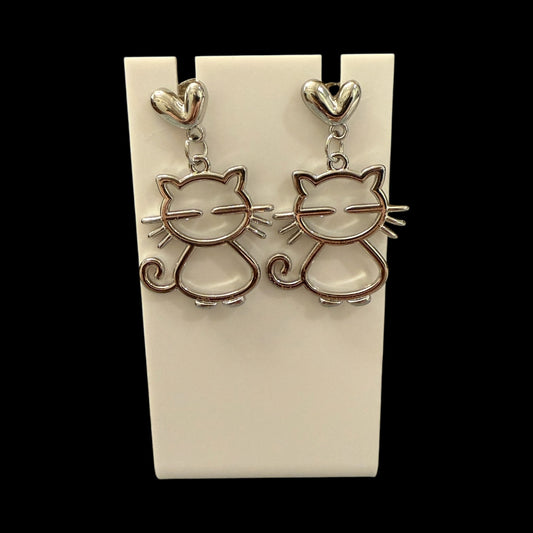 Cute Cat Earrings with Heart Studs – Silver Outline Kitty Dangle Jewelry – Whimsical Cat Lover Gift