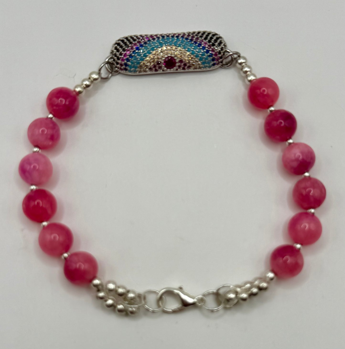 8” Pink Jade Beaded Bracelet with Sparkling Rainbow Focal | Handmade Gemstone Bracelet with Clasp | Gift for Her | Pink Crystal Jewelry