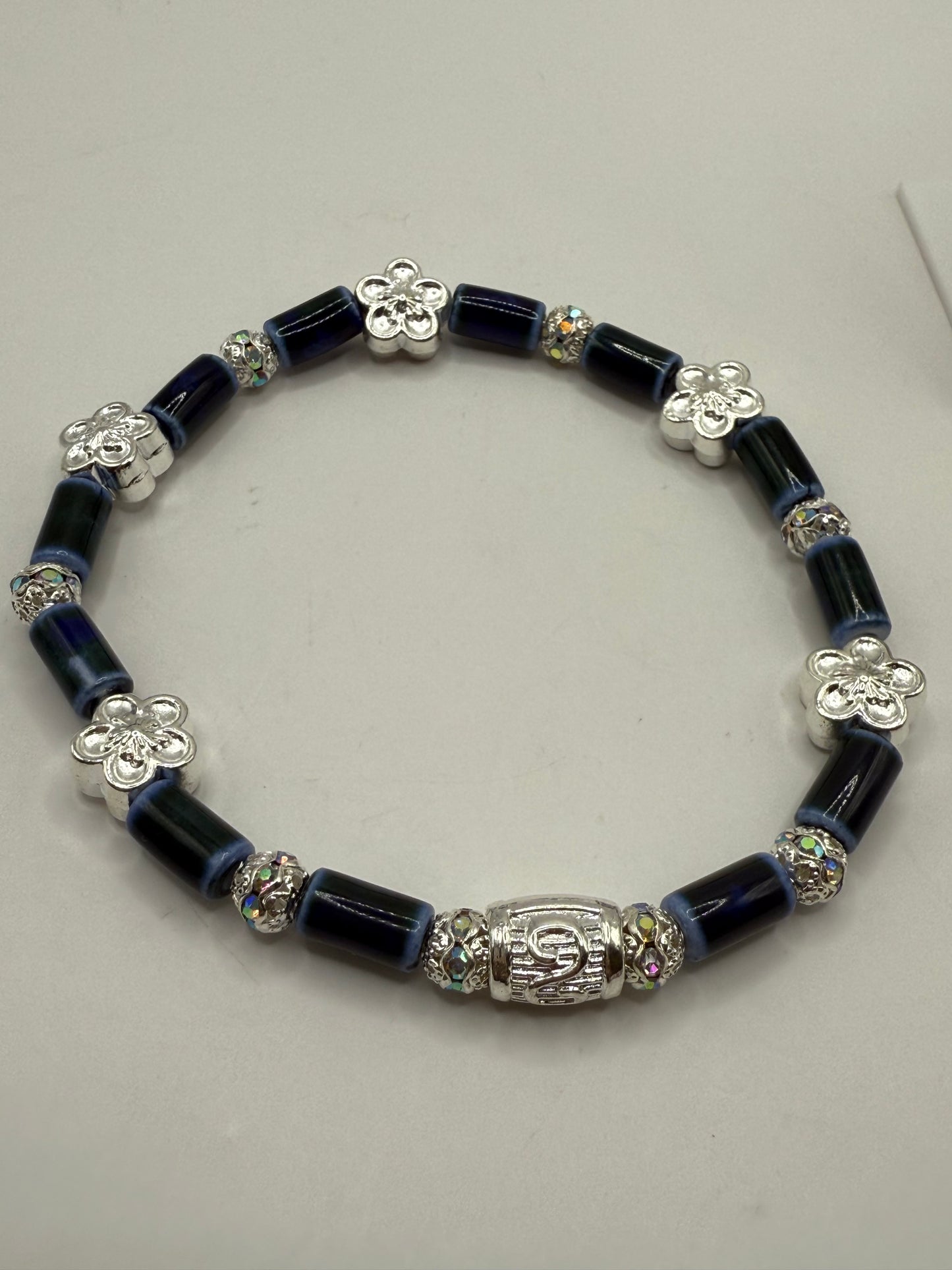 Blue Ceramic Tube Bead Bracelet with Free Matching Earrings – 8” Stretch Bracelet, Handmade Beaded Jewelry Set, Gift for Her