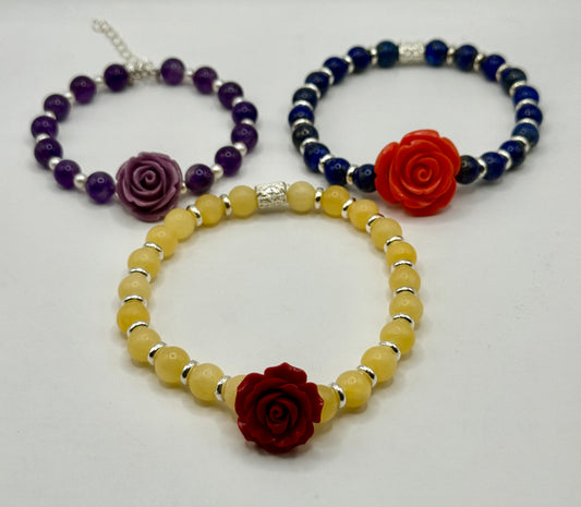 Floral Beaded Bracelets with Rose Focal – Choose Purple Amethyst, Yellow Jade, or Blue Lapis (3 options/sizes)