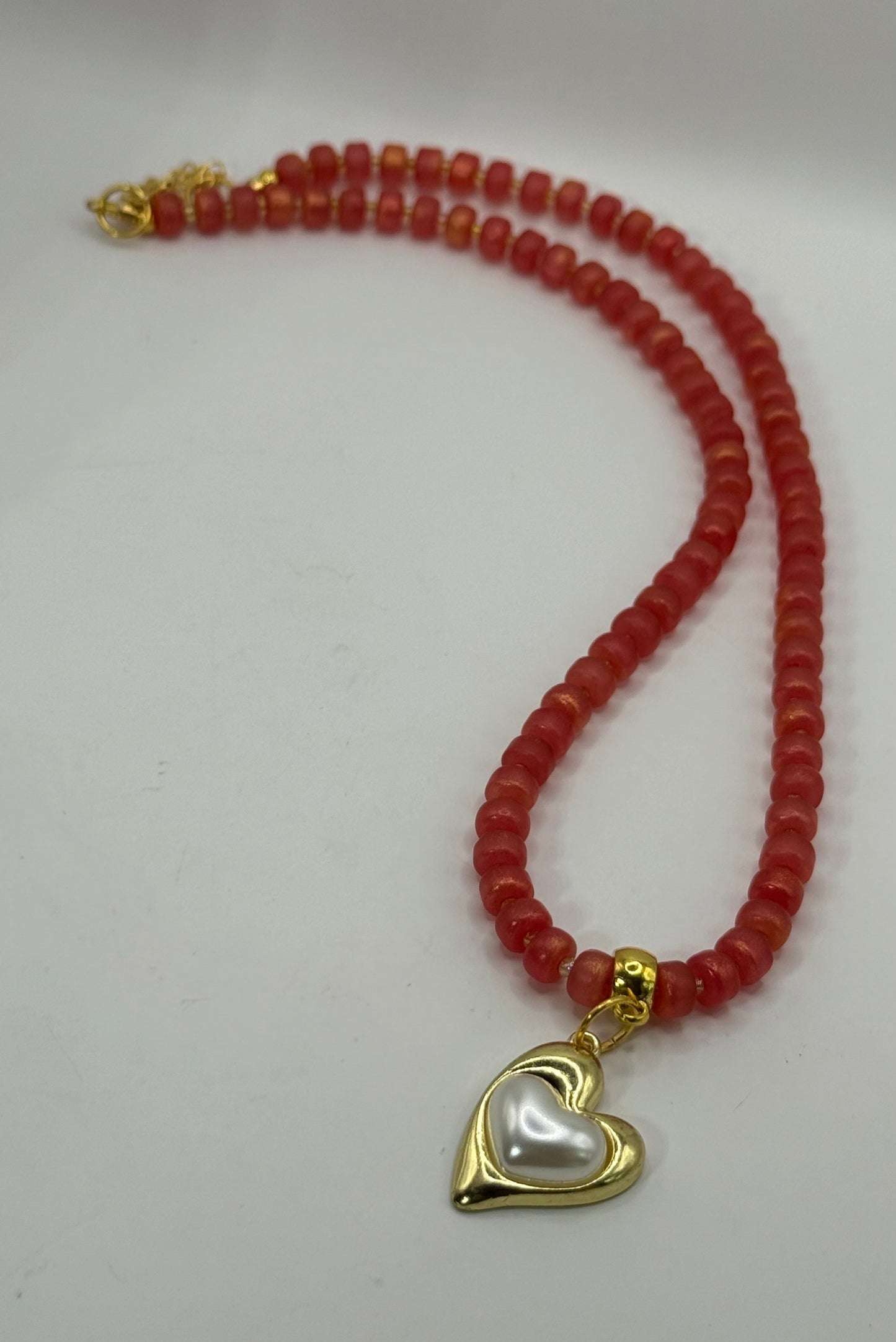 Pumpkin Glass Bead Necklace with Golden Heart Pendant – 20” Handmade Jewelry, Autumn Necklace, Romantic Gift, Fall Statement Jewelry