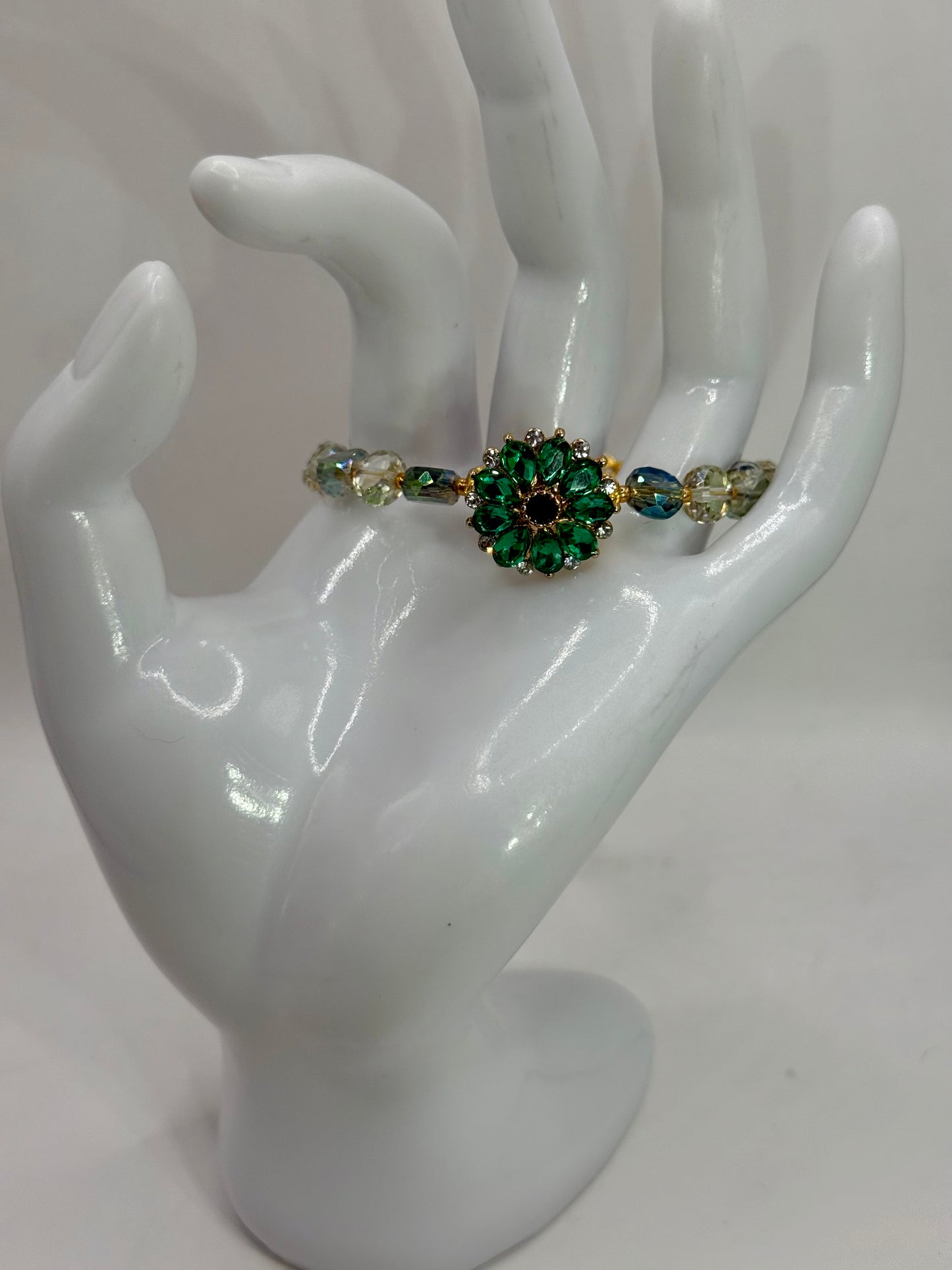Emerald Green Crystal Flower Bracelet – 7.5” Clasp Bracelet | Adjustable | Handmade Beaded Jewelry Gift | Free Gift Included