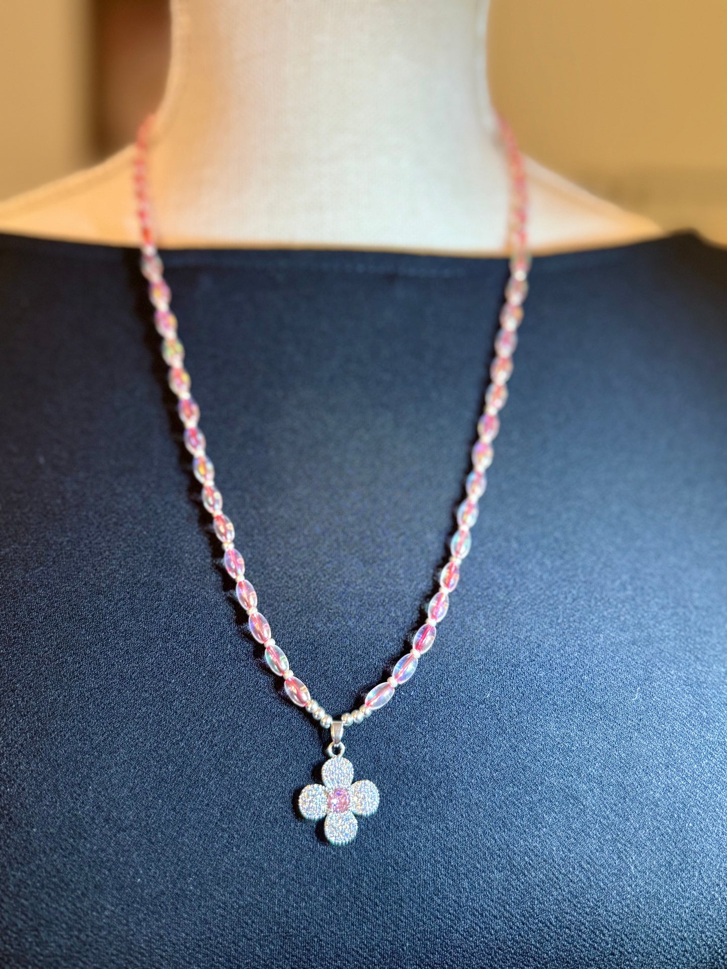 Pink Iridescent Beaded Necklace Set | 22” Necklace + Coordinating Wrap Bracelet | Floral CZ Charm