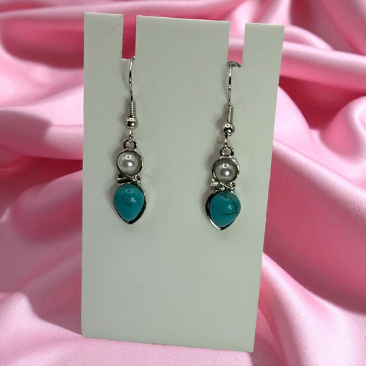 Turquoise Howlite and Glass Pearl Drop Earrings – Silver Dangle Handmade Jewelry