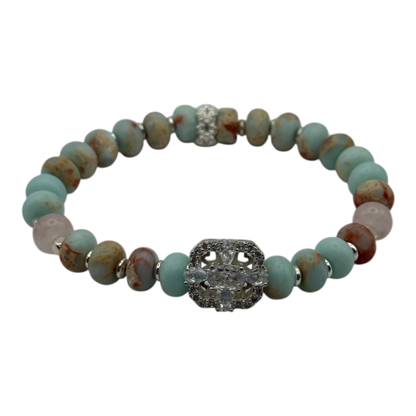 Shoushan Stone Stretch Bracelet with silver rhinestone focal 7.5"