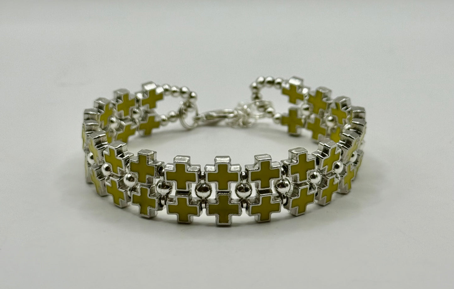 Bold Yellow Cross Link Bracelet – Adjustable 7.5” to 8”, Silver-Tone Double Row Design, Unique Statement Jewelry