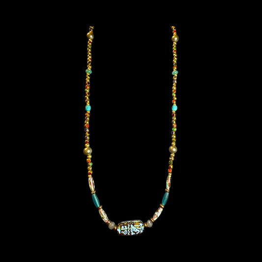 26” Multicolor Artisan Beaded Necklace with Handcrafted Focal Bead • Unique Boho Jewelry